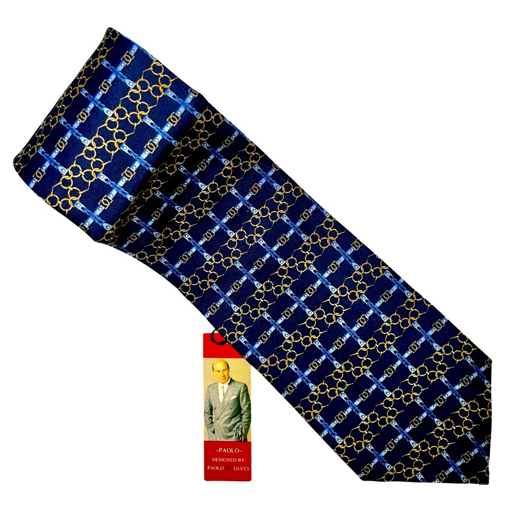 NWT PAOLO by PAOLO GUCCI SILK TIE IN NAVY BLUE WITH GOLDEN CHAIN PAYTERN